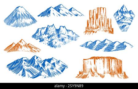 ensemble de différents sommets de montagne et badges de collines. illustrations dessinées à la main de montagnes enneigées et rocheuses du monde entier. pour badges bouteilles d'eau et Illustration de Vecteur
