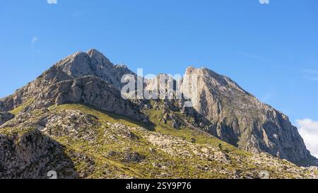Vue panoramique sur les sommets calcaires du Puig Major, la plus haute montagne de Majorque, debout contre un ciel bleu clair. Îles Baléares Banque D'Images
