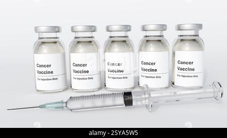 Un rendu 3d de flacons contenant un liquide étiqueté 'vaccin anticancéreux' et une seringue, le concept de traitement du cancer par vaccination. Banque D'Images