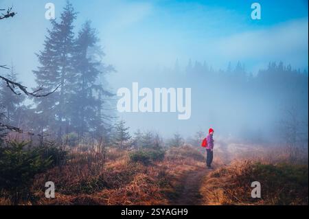 Un voyage dans l'inconnu en tant que randonneuse féminine marche à travers le paysage sombre des Carpates Banque D'Images