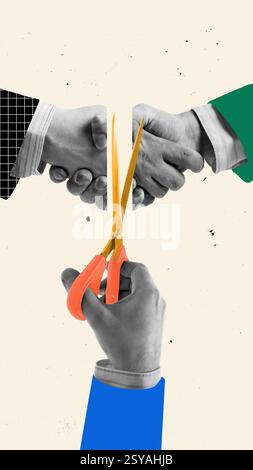 Le partenariat commercial se rompt. Les mains tremblent tandis que les ciseaux dorés coupent la connexion. Effet photocopie. Banque D'Images