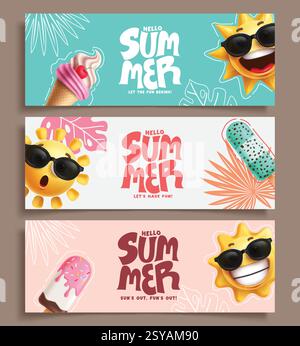 Ensemble de bannières Hello Summer clipart. Clip art de salutation d'été avec personnage de soleil portant des lunettes de soleil dans le vecteur coloré de collection de fond tropical Illustration de Vecteur
