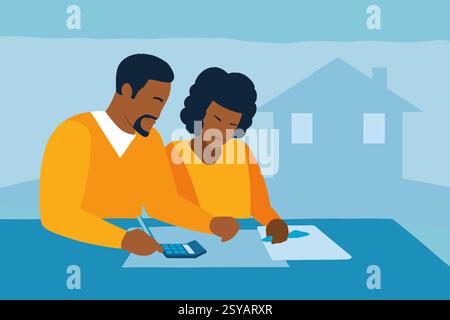 Un couple est engagé dans l'examen de documents et de calculs financiers importants, en se concentrant sur leurs plans d'investissement immobilier. Leurs expressions sho Banque D'Images