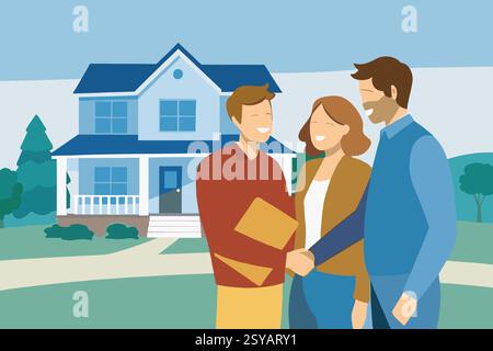 Un couple serre joyeusement la main de leur agent immobilier devant leur nouvelle maison par une journée brillante, signifiant la conclusion réussie de leur h. Banque D'Images