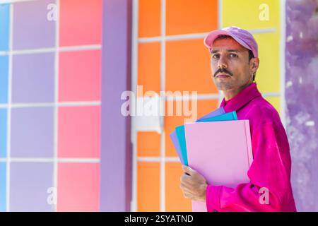 Un jeune homme caucasien espagnol avec une moustache, vêtu de vêtements roses vifs, tenant des dossiers sur un fond coloré. Il incarne un u joyeux Banque D'Images