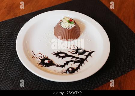Élégant dessert au chocolat garni de copeaux de chocolat blanc, de fruits et de menthe, servi dans une assiette avec un motif artistique de sauce au chocolat. Banque D'Images