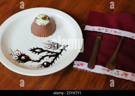 Élégant dessert au chocolat garni de copeaux de chocolat blanc, de fruits et de menthe, servi dans une assiette avec un motif artistique de sauce au chocolat. Banque D'Images
