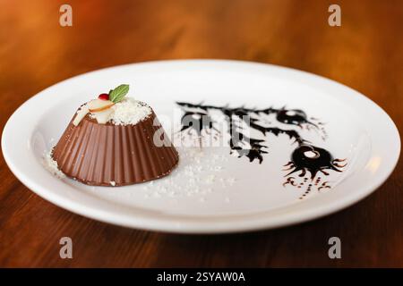 Élégant dessert au chocolat garni de copeaux de chocolat blanc, de fruits et de menthe, servi dans une assiette avec un motif artistique de sauce au chocolat. Banque D'Images