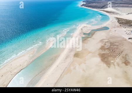 Photo aérienne de la superbe plage de Sotavento sur l'île de Fuerteventura, mettant en valeur les eaux turquoises et les vastes rives de sable. Banque D'Images