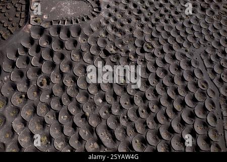 Vue aérienne du sol volcanique noir quadrillé de fosses circulaires encastrées utilisées pour la culture du raisin, mettant en valeur les techniques de viticulture traditionnelles à la G. Banque D'Images