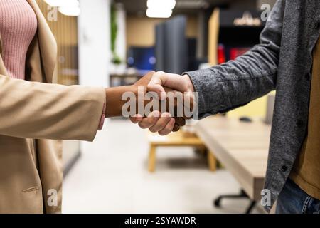 Deux personnes se serrent la main dans un bureau moderne. L'image capture l'essence du professionnalisme, de la collaboration et de l'interaction commerciale réussie Banque D'Images