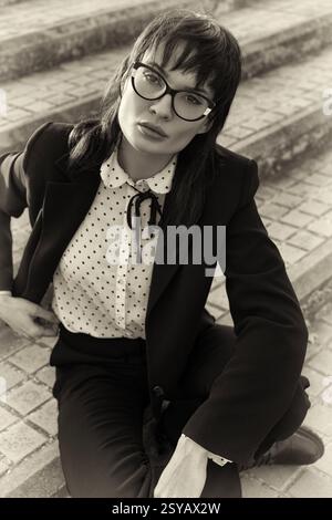 Une femme élégante portant des lunettes et un costume d'inspiration vintage s'assoit sur des marches en pierre. Capturée en noir et blanc, la photo évoque un classique, intemporel, un Banque D'Images