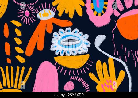 Art abstrait vibrant avec des éléments dessinés à la main tels que les yeux, les mains et les formes organiques dans des couleurs vives sur un fond sombre, idéal pour les créati Banque D'Images