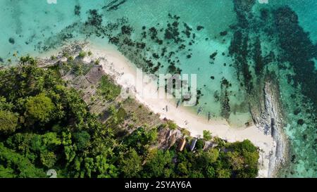Vue aérienne capturant une scène de plage magnifique aux Philippines avec des touristes appréciant la côte immaculée entourée de verdure luxuriante et bl clair Banque D'Images