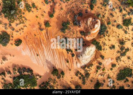 Prise de vue aérienne présente un paysage désertique avec des formations rocheuses uniques et une végétation contrastée dans White Pocket. Les riches tons orange et brun créat Banque D'Images