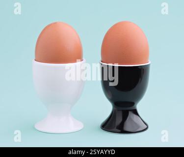 Deux œufs bruns sont assis dans d'élégants coquetiers noirs et blancs sur un fond bleu doux, présentant un contraste visuel simpliste mais saisissant. Banque D'Images