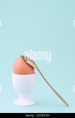 Un seul oeuf brun fixé dans un coquetier blanc, complété par une cuillère dorée élégante, sur un fond bleu doux, incarnant simplicité et fraîcheur Banque D'Images