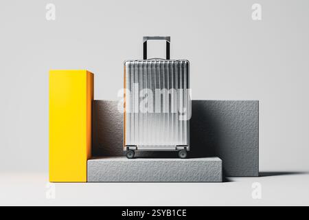 Une valise aux couleurs vives se tient bien en évidence sur un écran minimaliste, mettant en valeur un design élégant et prêt à voyager dans un cadre contemporain. Banque D'Images