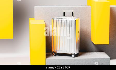 Une valise aux couleurs vives se tient bien en évidence sur un écran minimaliste, mettant en valeur un design élégant et prêt à voyager dans un cadre contemporain. Banque D'Images