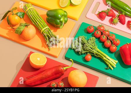 Un arrangement vibrant de fruits et légumes frais sur des planches à découper colorées. Comprend tomates, oranges, citron vert, asperges, brocoli, fraises, Banque D'Images