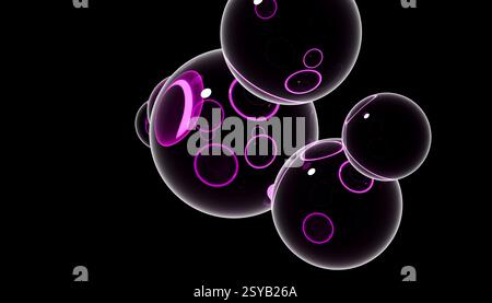 Un rendu 3D avec plusieurs sphères noires avec des reflets violets brillants sur un fond sombre, mettant en valeur un design moderne et abstrait. Banque D'Images