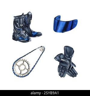 Set with moto gear, equipment. Gloves, chain, boots and blue visor. Protective Moto wear and accessories. Watercolor illustration isolated from the Banque D'Images