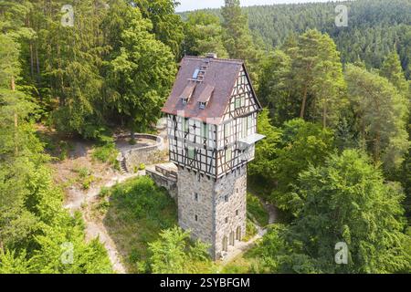 Vue aérienne du Herzogsstuhl près du centre de chasse de Rieseneck, près de Hummelshain, district de Saale-Holzland, Thuringe, Allemagne, Europe Banque D'Images