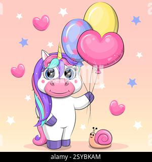 Mignon licorne de dessin animé avec des ballons et escargot. Illustration vectorielle d'un animal sur un fond rose avec des coeurs et des étoiles. Illustration de Vecteur