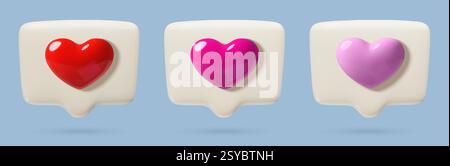 Différents comme les icônes de notification ou de message romantique définies avec des coeurs de bulle de parole 3d réalistes Illustration de Vecteur