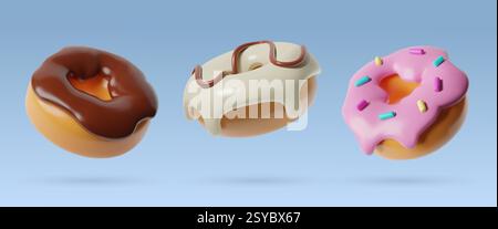 les icônes de nourriture de donuts 3d définissent différents objets vectoriels de beignet volant en plastique réaliste tridimensionnel Illustration de Vecteur