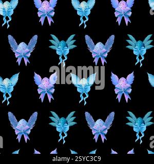 Beaux oeufs colorés avec des ailes et de beaux noeuds sur un fond noir, motif sans couture Banque D'Images