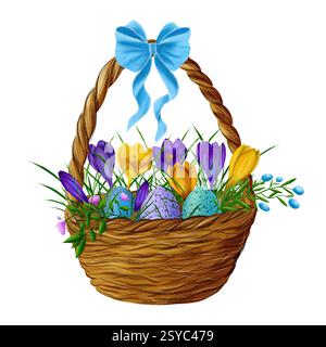Composition de Pâques en panier avec des œufs colorés, des fleurs de croque et des branches vertes et arc bleu Banque D'Images