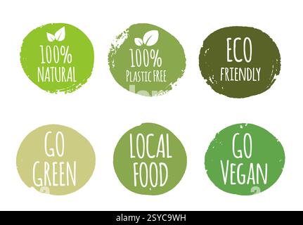 Ensemble de badges écologiques avec des cercles d'aquarelle verte et du texte blanc. Parfait pour la marque, l'emballage et le marketing durables. Illustration de Vecteur