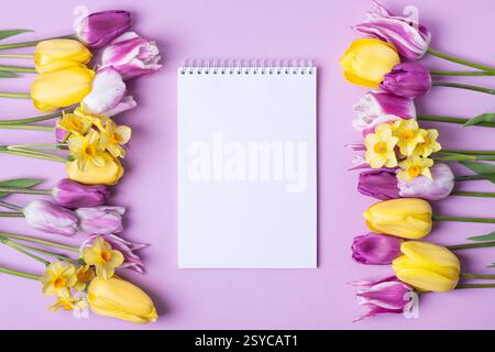 Cahier en papier ouvert avec page vide avec tulipes violettes et jaunes et jonquilles jaunes sur fond violet. Vue de dessus, pose plate, espace de travail sur fond violet. Banque D'Images