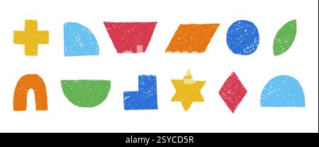 Ensemble de figures géométriques colorées dessinées à la main avec un crayon. Crayon de couleur ou éléments primitifs texturés fusain. Illustration vectorielle isolée sur un wh Illustration de Vecteur