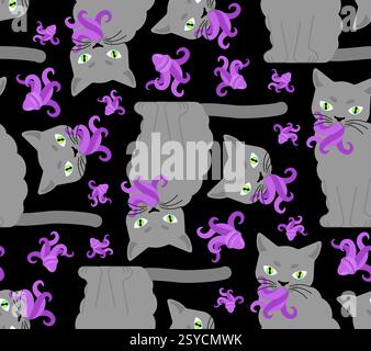 Chat avec tentacules en forme de bouche sans couture. Fond animal galactique PET. Chat avec texture parasite Polypody Illustration de Vecteur