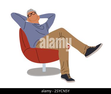 L'homme Senior détendu est assis sur une chaise rouge Illustration de Vecteur
