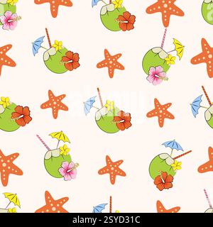 motif sans couture coloré avec paille de boisson de noix de coco et parapluie fleur rose exotique et étoile de mer. vecteur dessiné à la main Illustration de Vecteur