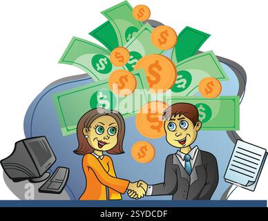 Homme d'affaires et femme serrant la main avec de l'argent et des pièces de monnaie se douchant sur eux, célébrant l'affaire réussie. Illustration de Vecteur