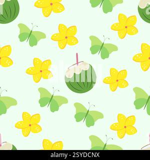 motif coloré exotique d'été. avec des fleurs jaunes, de mignons papillons verts et de la noix de coco verte. vacances d'été. illustration vectorielle Illustration de Vecteur