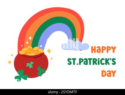 Carte de voeux Patricks Day, illustration vectorielle. Mignon pot leprechauns d'or et arc-en-ciel coloré. Joyeux Saint Patrick 17 mars horizontal CA Illustration de Vecteur