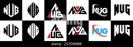 Conception de logo de lettre NUG dans le style six. NUG polygone, cercle, triangle, hexagone, style plat et simple avec lettre de variation de couleur noir et blanc logo se Illustration de Vecteur