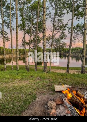 Un feu de camp brûle au premier plan tandis que des trembles encadrent un lac tranquille au crépuscule. Le ciel affiche des teintes roses reflétées dans l'eau, créant une sére Banque D'Images