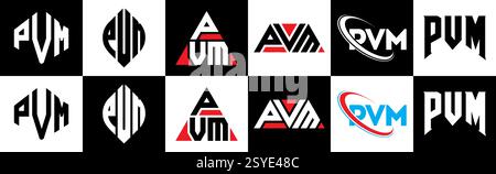 Conception de logo de lettre PVM dans le style six. PVM polygone, cercle, triangle, hexagone, style plat et simple avec variation de couleur noir et blanc lettre logo se Illustration de Vecteur