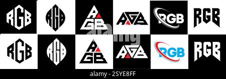 Design de logo de lettre RGB dans le style six. Polygone RVB, cercle, triangle, hexagone, style plat et simple avec variation de couleur noir et blanc lettre logo se Illustration de Vecteur