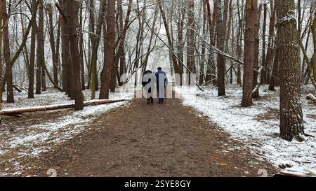 Couple mûr allant sur le chemin enneigé à la forêt de pins d'hiver. Mari senior et femme marchant à travers le sentier dans la forêt de conifères. Ancienne paire de Banque D'Images