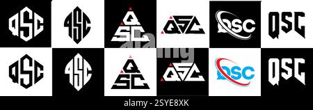 Conception de logo de lettre QSC dans le style six. Polygone QSC, cercle, triangle, hexagone, style plat et simple avec logo de variation de couleur noir et blanc Illustration de Vecteur