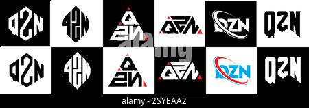 Conception de logo de lettre QZN dans le style six. QZN polygone, cercle, triangle, hexagone, style plat et simple avec variation de couleur noir et blanc lettre logo se Illustration de Vecteur