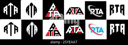 Conception de logo de lettre RTA dans le style six. RTA polygone, cercle, triangle, hexagone, style plat et simple avec couleur noir et blanc variation lettre logo se Illustration de Vecteur