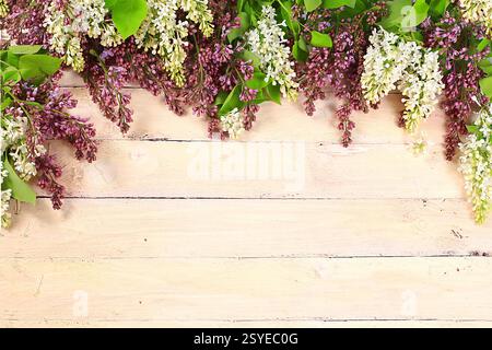 Frame Made Lilas branches Wooden table abstraite composition florale fond plat carte de fête des mères, journée des femmes, joyeux anniversaire, mariage, lieu fo Banque D'Images
